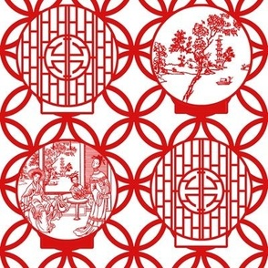 Chinoiserie Scenes through a moon gate, red by Su_G_©SuSchaefer