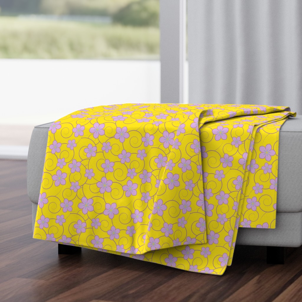 Sunny yellow backdrop with playful lavender flowers and whimsical swirls.