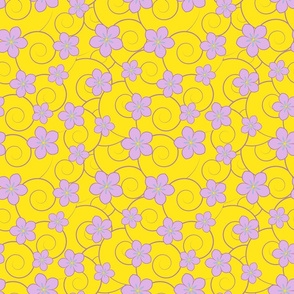 Sunny yellow backdrop with playful lavender flowers and whimsical swirls.