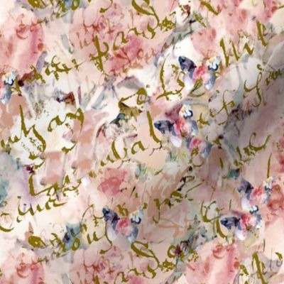 Shabby Chic Roses and Butterflies on French Script large repeat