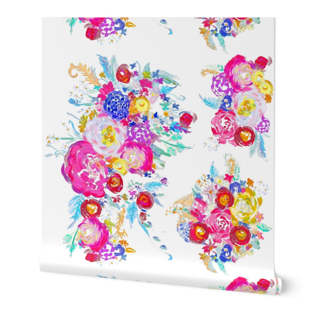 Bright Spring Floral Painting Fabric with White Background