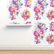 Bright Spring Floral Painting Fabric with White Background