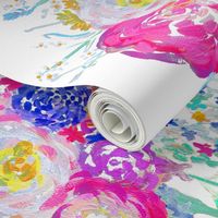 Bright Spring Floral Painting Fabric with White Background