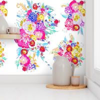 Bright Spring Floral Painting Fabric with White Background