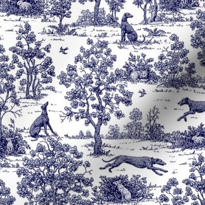 Navy Blue and White Toile with greyhounds