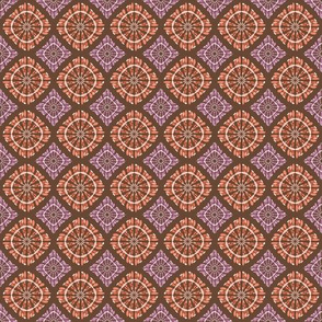 Terracotta and lavender geometric mandala motifs, symmetrical and warm.
