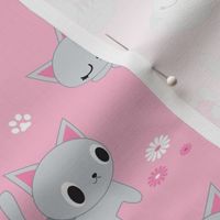 Cute Retro Kitties - Pink & Grey