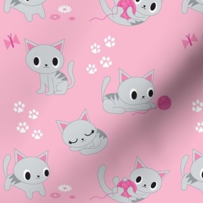 Cute Retro Kitties - Pink & Grey
