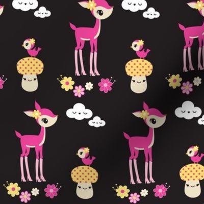 Kawaii Deer & Mushrooms- Black & Pink