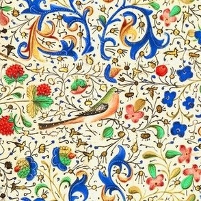 Illuminated Manuscript with Birds, Flowers, Strawberries, and Vines