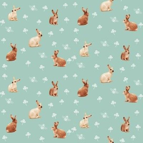 caramel bunnies on peppermint green, wide spaced