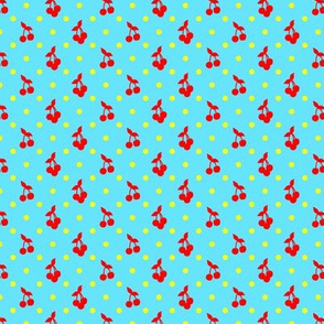 Dots and cherries in light blue and red