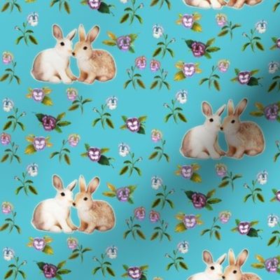 Bunnies in Love Garden, Turquoise Floral