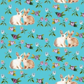 Bunnies in Love Garden, Turquoise Floral