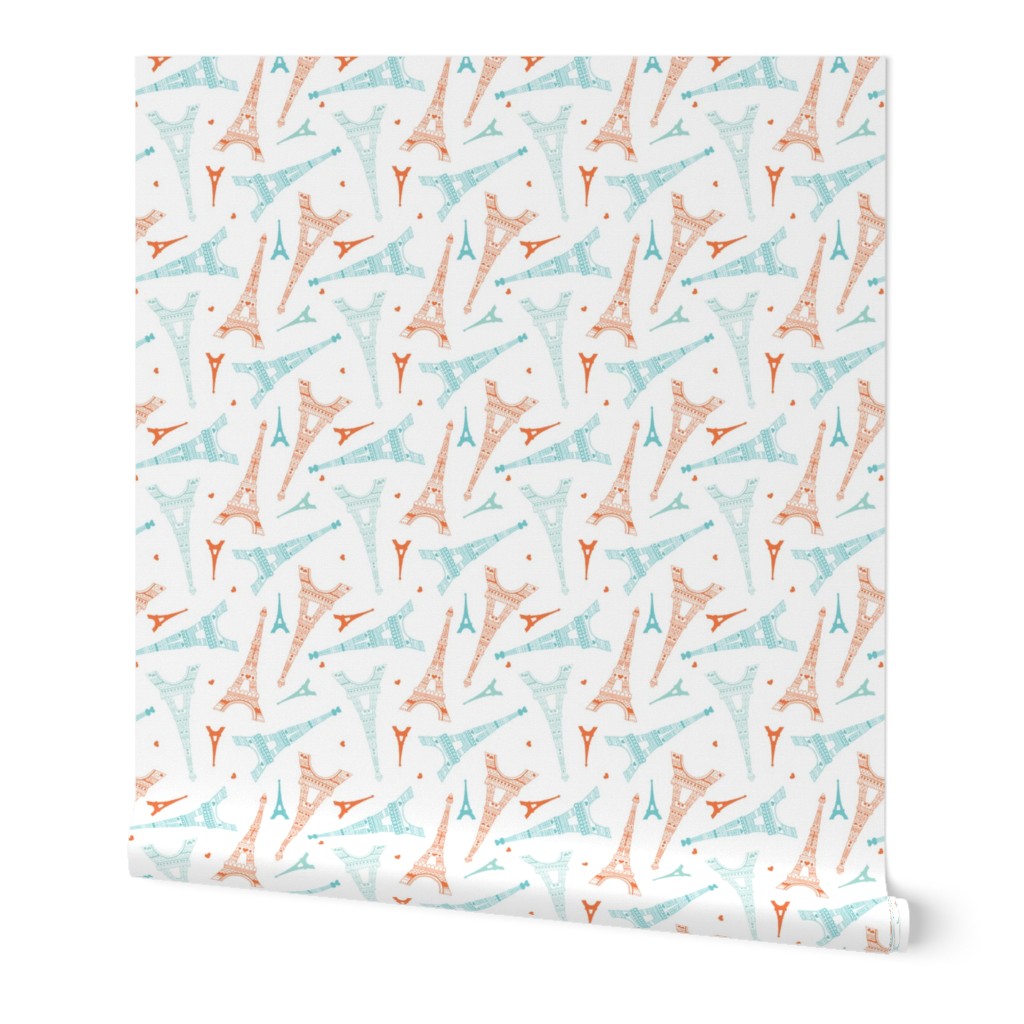 Paris love Eiffel Tower illustration in orange mint