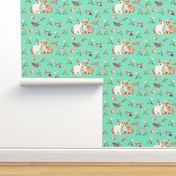 Bunnies in Love Garden, Mint Floral