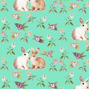 Bunnies in Love Garden, Mint Floral