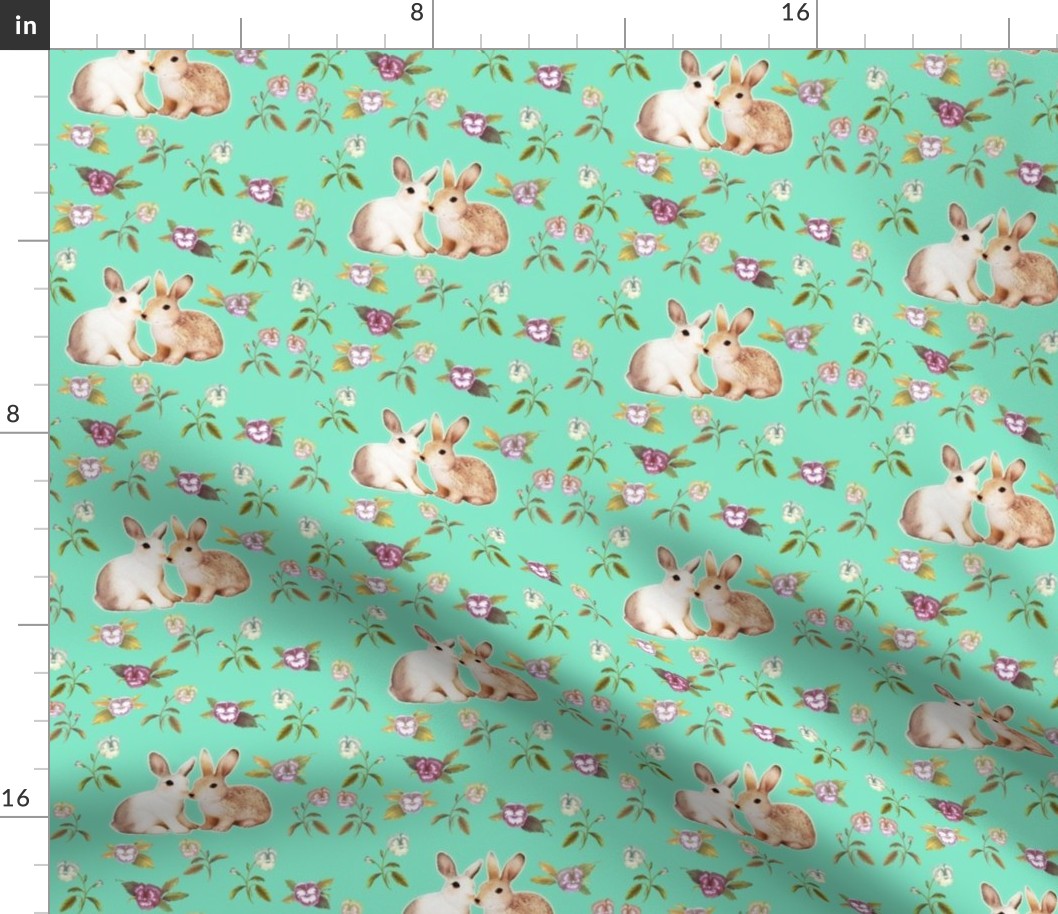 Bunnies in Love Garden, Mint Floral