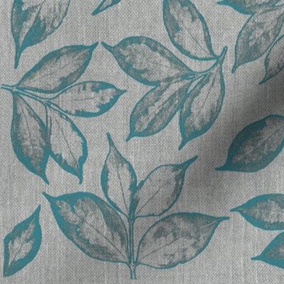 burlap teal leaves