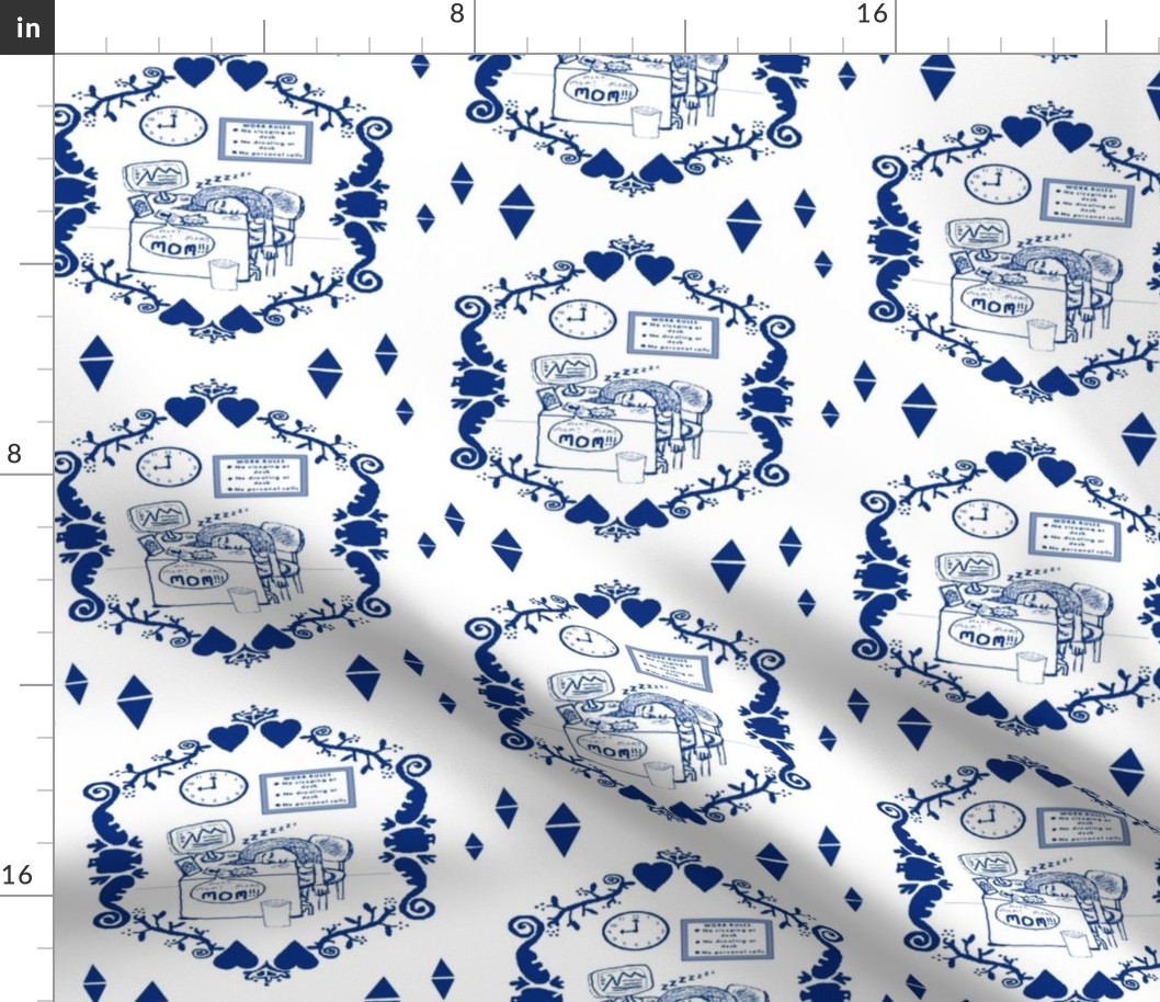 Tired Working Mom Toile de Jouy blue and white