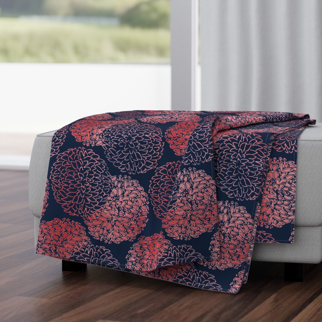 Ming Chrysanthemum in Navy and Coral Pink