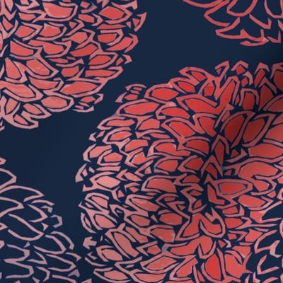 Ming Chrysanthemum in Navy and Coral Pink