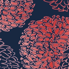 Ming Chrysanthemum in Navy and Coral Pink