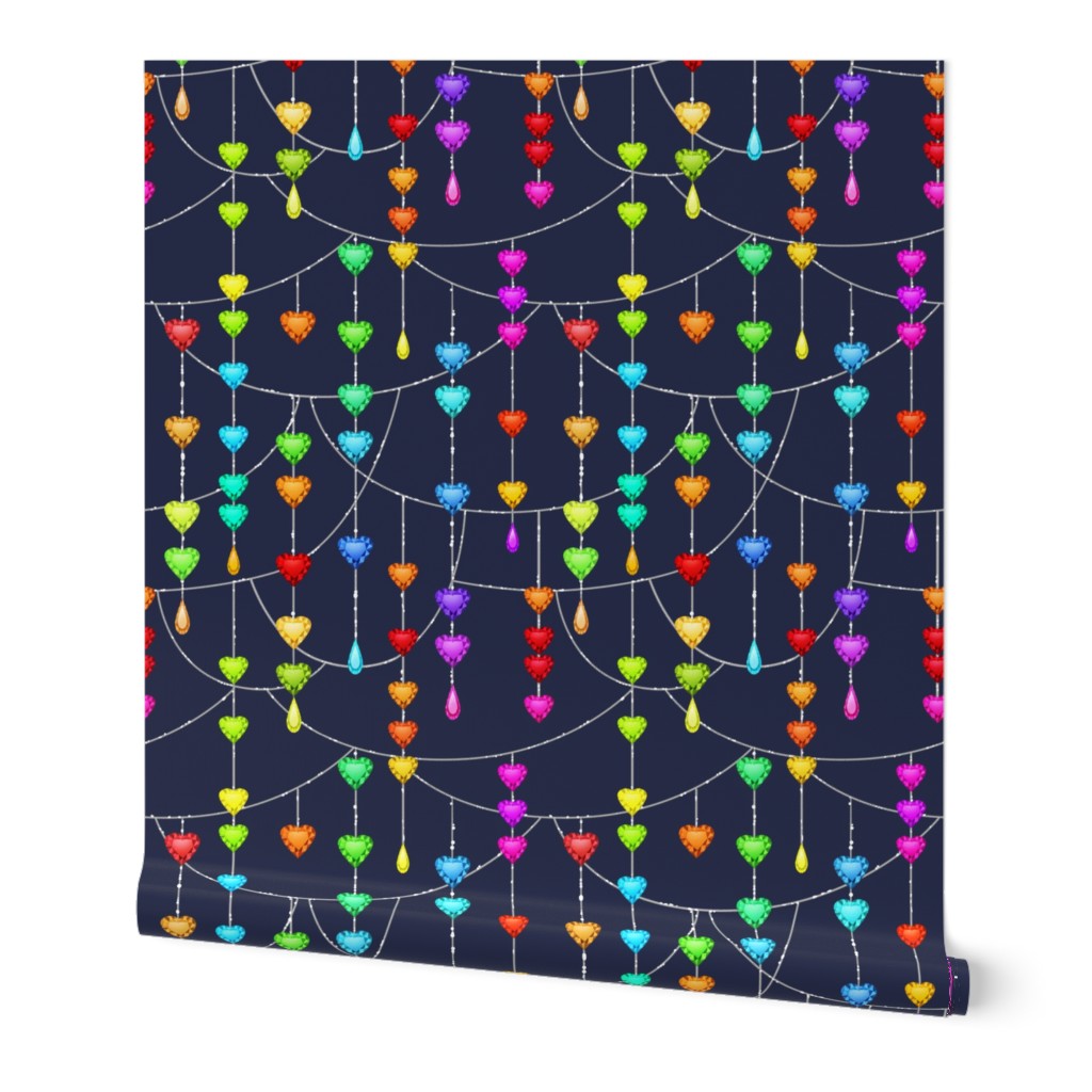 Rainbow Gem Hearts  Dangling on Silver Threads on dark blue background