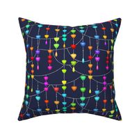 Rainbow Gem Hearts  Dangling on Silver Threads on dark blue background