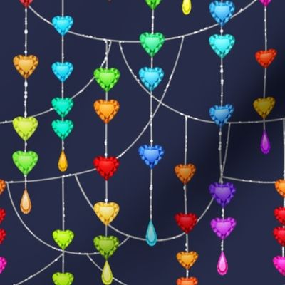 Rainbow Gem Hearts  Dangling on Silver Threads on dark blue background