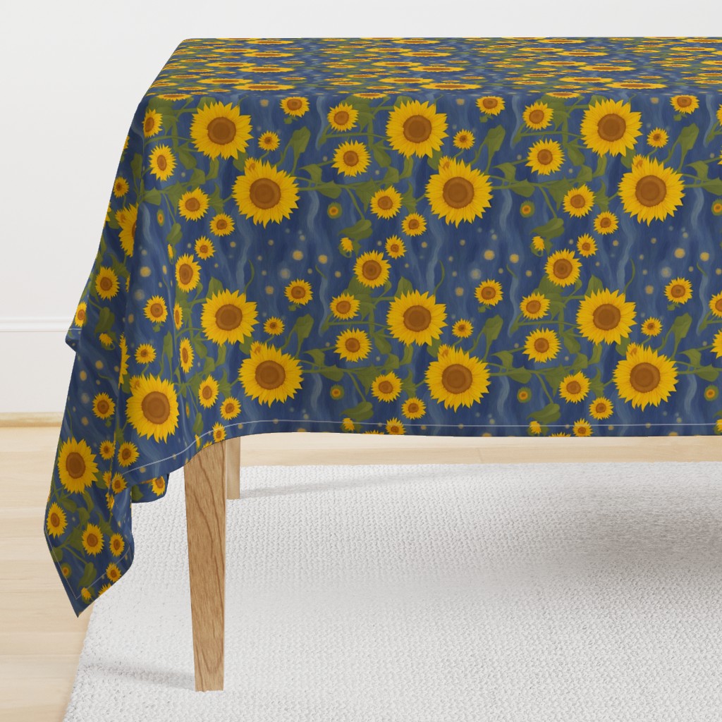 Van Gogh Sunflower pattern on Dark Blue Starry Night Sky with cloud swirls