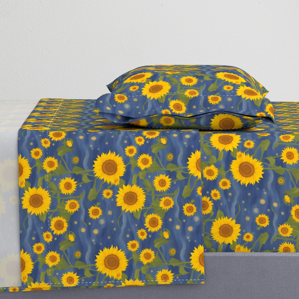 Van Gogh Sunflower pattern on Dark Blue Starry Night Sky with cloud swirls