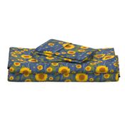 Van Gogh Sunflower pattern on Dark Blue Starry Night Sky with cloud swirls