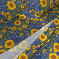 Van Gogh Sunflower pattern on Dark Blue Starry Night Sky with cloud swirls