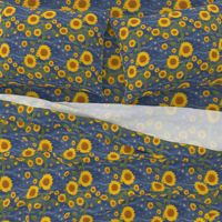 Van Gogh Sunflower pattern on Dark Blue Starry Night Sky with cloud swirls