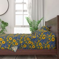 Van Gogh Sunflower pattern on Dark Blue Starry Night Sky with cloud swirls