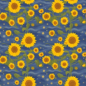 Van Gogh Sunflower pattern on Dark Blue Starry Night Sky with cloud swirls
