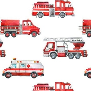 Watercolor Fire Trucks and Ambulance