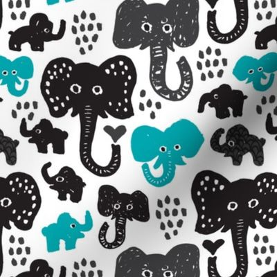 Cute indian elephants oriental blue illustration print