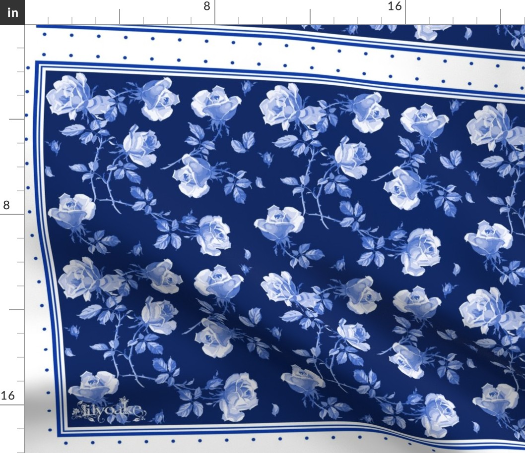 Hampton Roses Tea Towel in ink blue