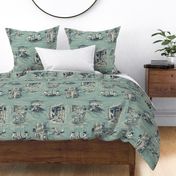 Travelling Cat Toile in Duck Egg and Dark Teal