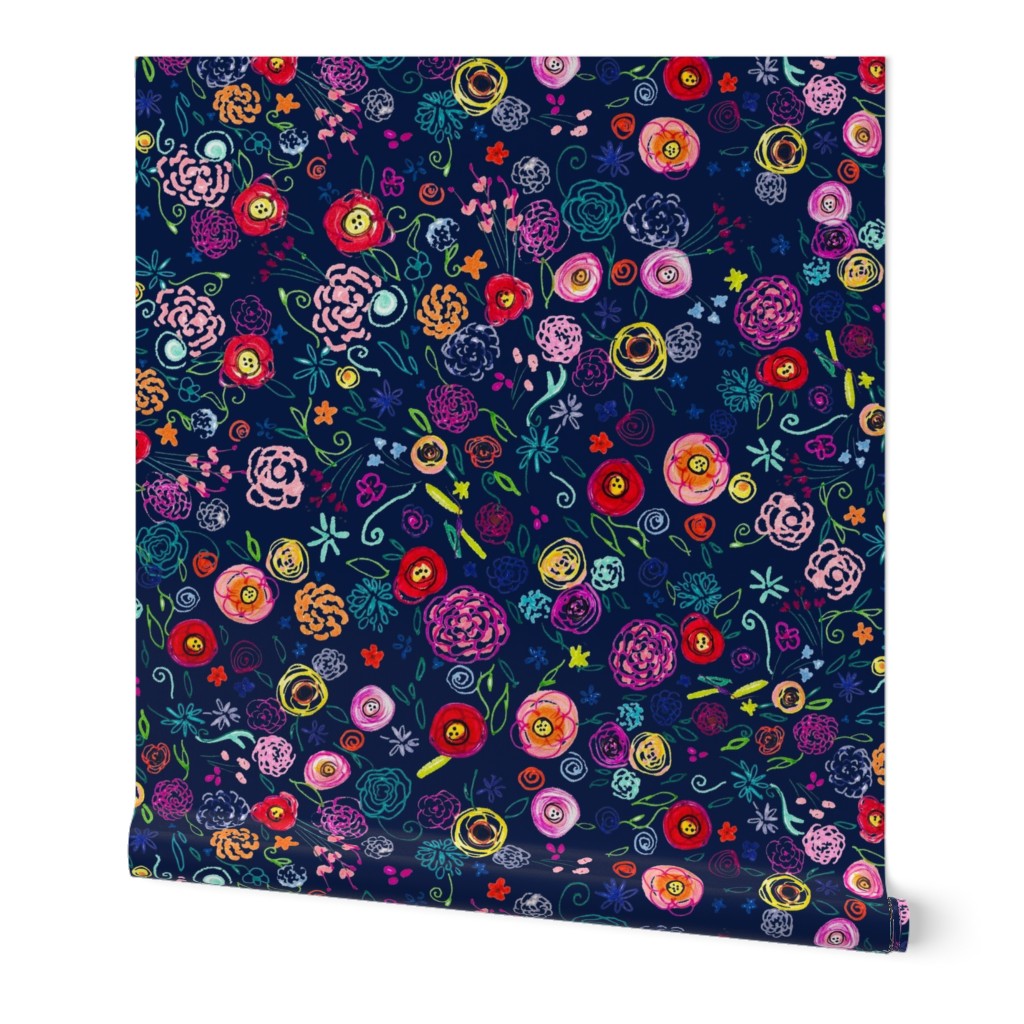 Colorful Ditsy Floral Doodle // Navy