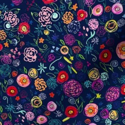 Colorful Ditsy Floral Doodle // Navy