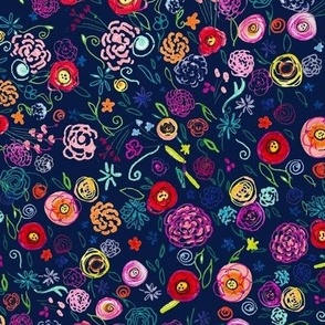 Colorful Ditsy Floral Doodle // Navy