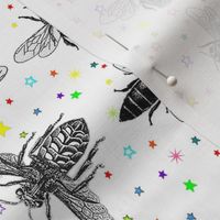 Black and White Honey Bees on Rainbow Stars, Vintage Insect Drawings