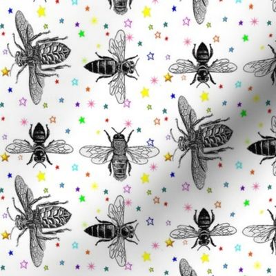 Black and White Honey Bees on Rainbow Stars, Vintage Insect Drawings