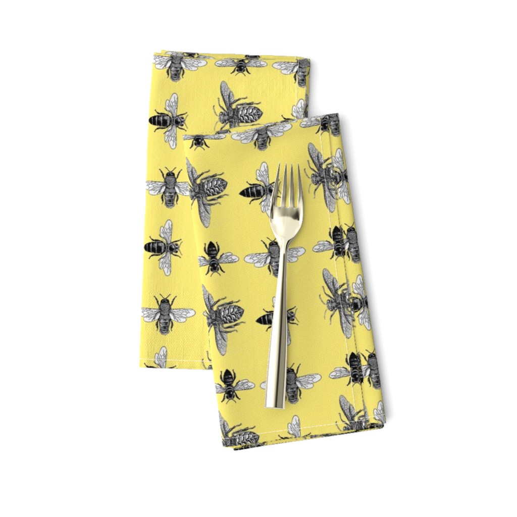  Honey Bees, Black and White Vintage Insects on Buttery Yellow