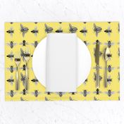  Honey Bees, Black and White Vintage Insects on Buttery Yellow