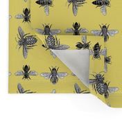  Honey Bees, Black and White Vintage Insects on Buttery Yellow