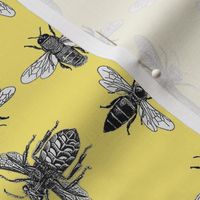  Honey Bees, Black and White Vintage Insects on Buttery Yellow